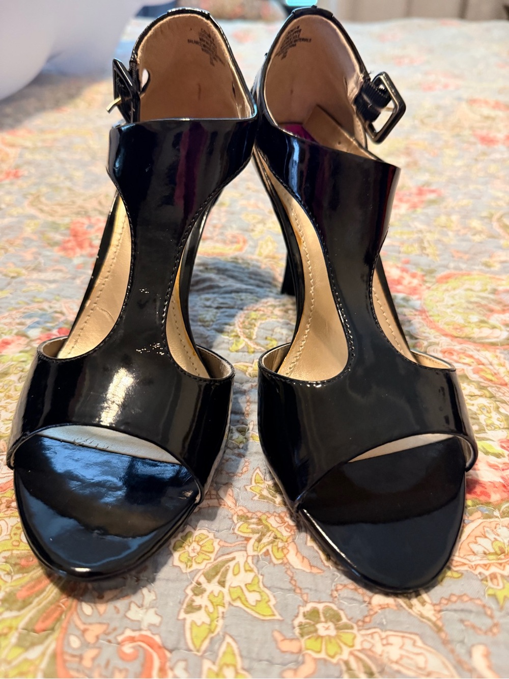 Bandolino Black Patent T-Strap Peep Toe Heels